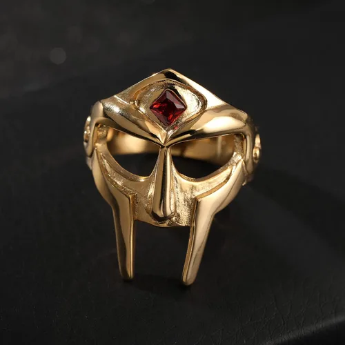 Miniatura 5 de DOOM - Anillo de máscara para hombre, estilo gladiador, anillo de acero inoxidable de titanio dorado rubí