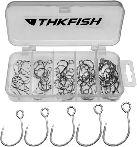 THKFISH 50 unids/100 piezas de caja en línea ganchos individuales de repuesto para señuelos cebos en línea ganchos circulares ojo grande con púas