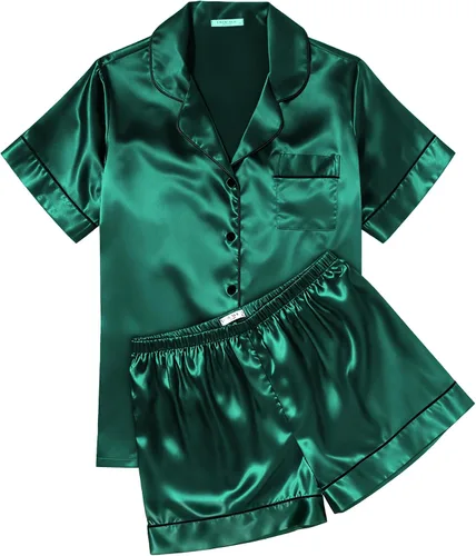 Miniatura 9 de Ekouaer Conjunto de pijama de satén de seda para mujer, suave, de manga corta, con botones, ropa para dormir, camiseta y pantalones cortos, juego