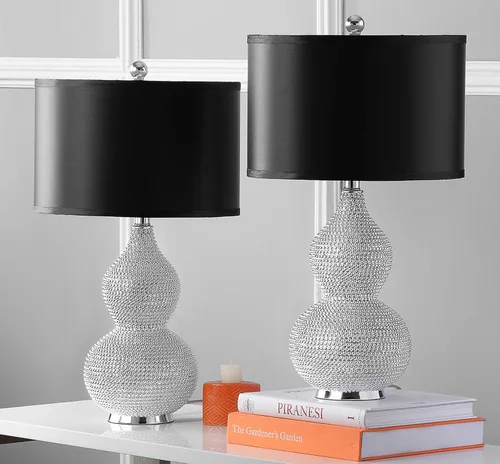 Miniatura 4 de SAFAVIEH Lighting Collection Nicole - Juego de 2 lámparas de mesa con cuentas plateadas y negras de 25 pulgadas con puerto de carga USB