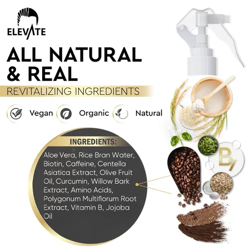 Miniatura 4 de Elevate Spray para el crecimiento del cabello con agua de arroz, infundido con biotina, cafeína y aloe vera para un cabello más grueso, más largo