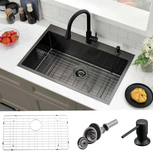 Miniatura 19 de Fregadero de cocina de cascada negro de 30 pulgadas con grifo extraíble, fregadero de cascada de 30 x 18 pulgadas, pantalla digital negra