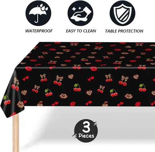 Miniatura 6 de 3 manteles de plástico desechables de 54 x 108 pulgadas, estampado de leopardo rojo y negro con labios rojos, manteles impermeables para cumpleaños
