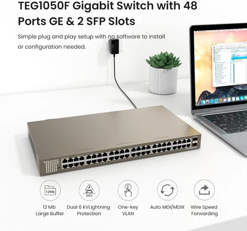 Miniatura 3 de Tenda TEG1050F, conmutador Gigabit de 48 puertos, conmutador Ethernet no administrado con 48 puertos Gigabit y 2 ranuras SFP, Plug & Play, montaje