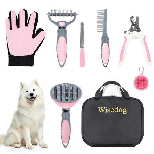 Miniatura 8 de Wisedog Kit de aseo para perros, 7 piezas, cortaúñas para gatos con lima de uñas, peine desengrasante para perros, peine de pulgas, cepillo de baño