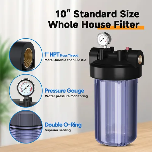 Miniatura 3 de PUREPLUS Carcasa de filtro de agua para toda la casa, carcasa universal de 10"x4.5", sistema de prefiltración, con manómetro, 1" NPT