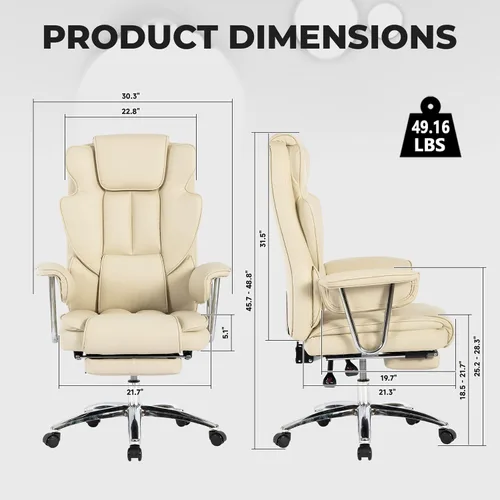 Miniatura 2 de Silla de oficina de piel sintética totalmente reclinable y cómoda silla de oficina grande y alta, 500 libras con reposapiés, ruedas y brazos Beige