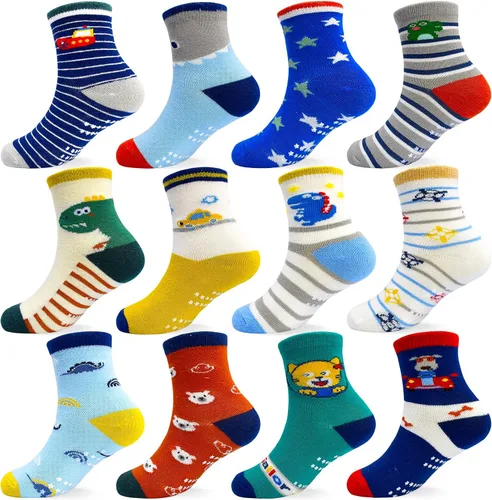 ELUTONG Kids Non Slip Socks Grip Ankle Sticky Toddler Socks 12 Pairs for 1-33-55-7 Years Old Boys Girls Infant Baby