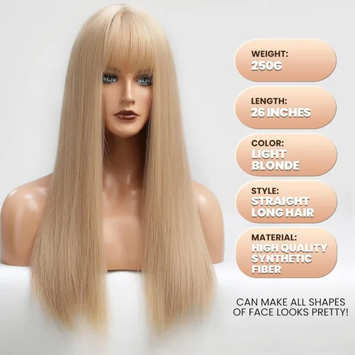 Miniatura 3 de EMMOR - Peluca rubia clara con flequillo para mujer, peluca larga y recta sintética para niñas, ideal para cosplay y uso diario
