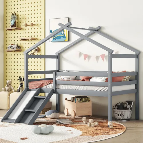 Miniatura 3 de Cama baja de tamaño individual con tobogán y escalera, marco de cama con barandillas de seguridad y techo en forma de casa, para dormitorio