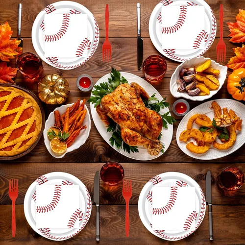 Miniatura 7 de 96 platos de papel de béisbol y servilletas para fiesta, platos de fiesta de béisbol, servilletas y tenedores, juego de vajilla desechable