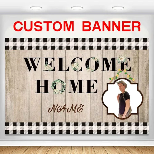Miniatura 11 de Pancarta personalizada de bienvenida a casa, señal de bienvenida a casa en negro y oro para decoración exterior, suministros de fiesta de regreso