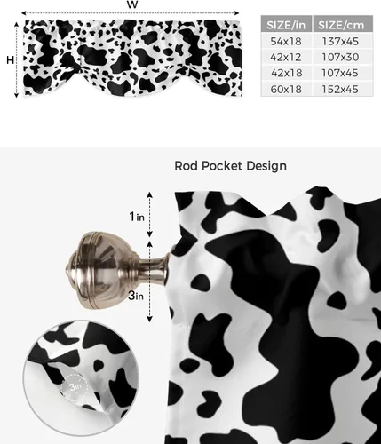 Miniatura 6 de Cenefa de amarre para ventanas, cortinas de cocina con textura de vaca, cenefas con bolsillo para barra, tratamientos cortos, textura animal, cenefa