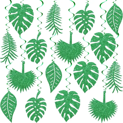 32 piezas hawaianas Luau para fiesta, hojas de palmera, remolinos, decoración colgante de techo, decoración verde, fiesta tropical para verano, baby