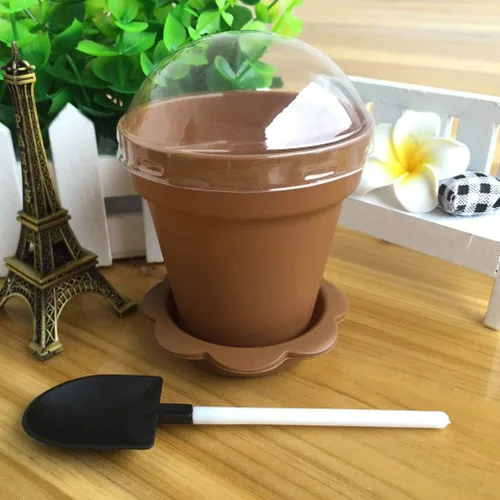 Miniatura 9 de Housoutil Macetas de postre, paquete de 20 con tapas, mini cucharas de pala y bandeja inferior de plástico para tartas de suciedad, helado, yogur