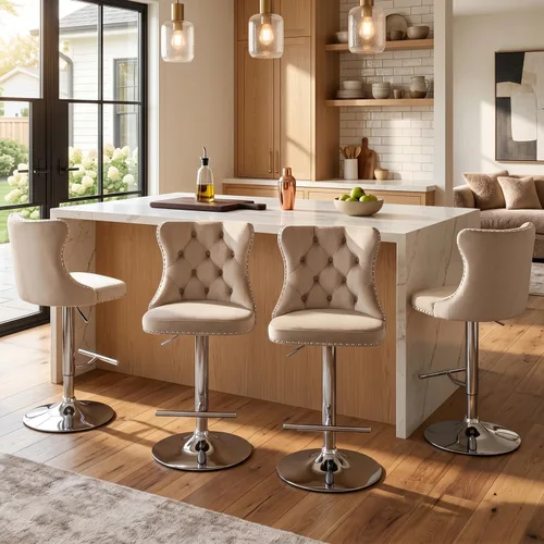 Miniatura 48 de SoarFlash Juego de 2 taburetes de bar tapizados de terciopelo moderno con patas de madera, botones acolchados, cabeza de clavo cromada, asiento