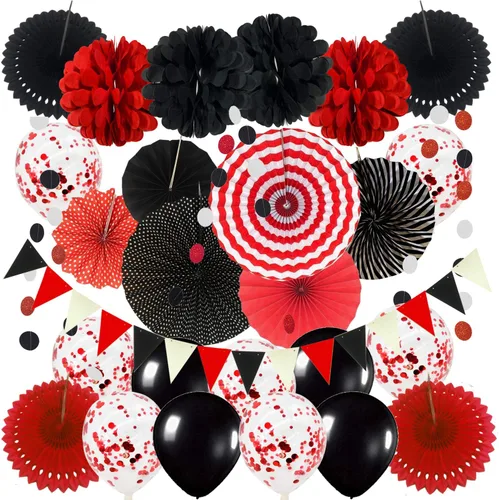 Miniatura 8 de ZERODECO Juego de abanicos de papel para colgar en fiestas, globos de confeti rosa, abanicos plegables decorativos, pompones de papel, banderas