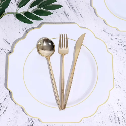 Miniatura 6 de Efavormart - Paquete de 10 platos de postre de plástico color rosa canela de 8 pulgadas, con borde dorado barroco, platos de ensalada desechables