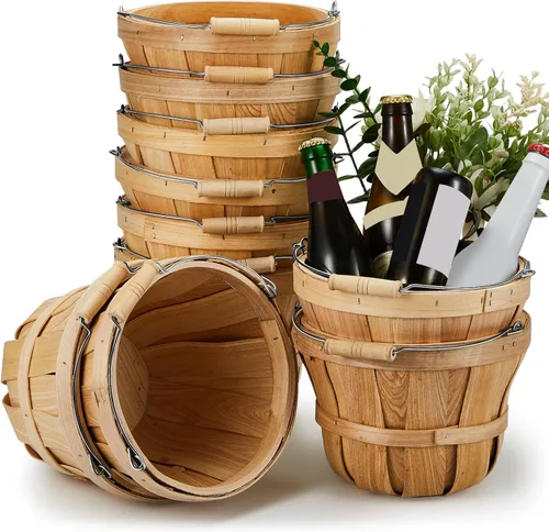 Miniatura 3 de Marsui 1 cesta redonda de madera para manzana, pequeño bushel con asas para regalos, cesta vacía, cubos de frutas para recoger fresas, flores