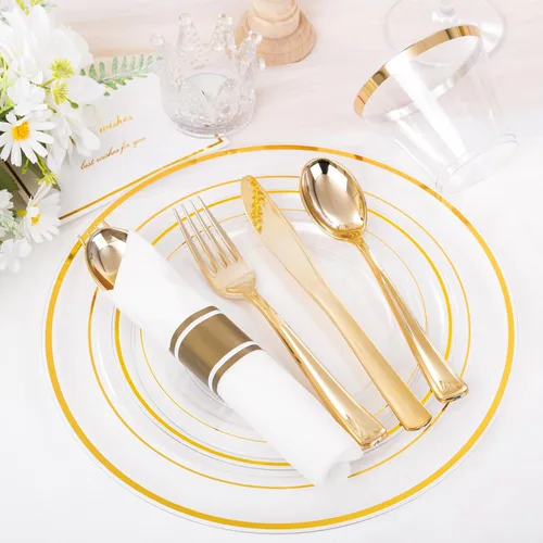 Miniatura 7 de WELLIFE 350 platos de plástico dorado transparente, 100 platos desechables, 150 cubiertos de plástico, 50 tazas, 50 servilletas para bodas y fiestas