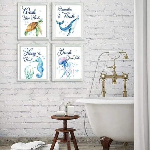 Miniatura 6 de CHIEN-CHI LILI Juego de 4 impresiones artísticas de acuarela para baño de Sea Marine Life (8 x 10 pulgadas), diseño de tortugas marinas, caballito