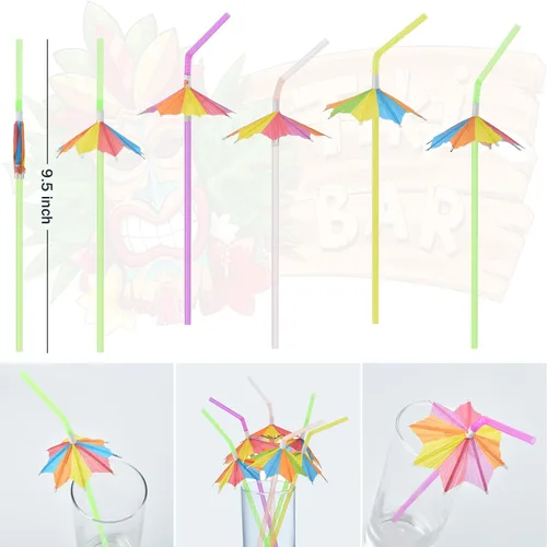 Miniatura 3 de ALINK 100 popotes para paraguas, sombrillas largas para cóctel, bebidas, pajitas de bar de flores, tropical, verano, playa, Luau Tiki, decoraciones