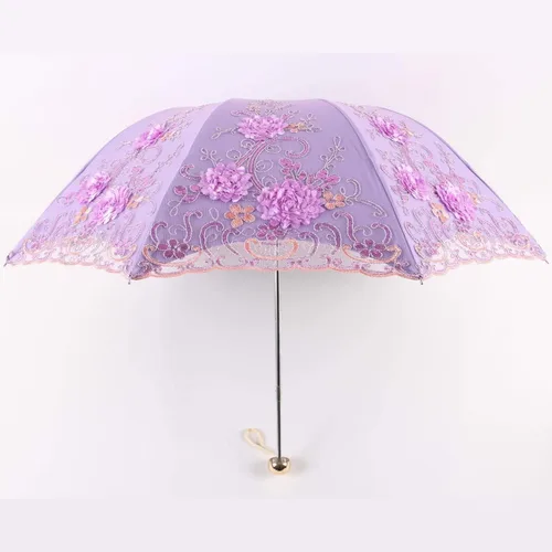 Miniatura 69 de Honeystore Sombrilla bordada con flor 3D plegable UV con encaje clásico