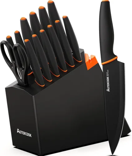Juego de Cuchillos, Astercook 15 Piezas Juego de Cuchillos de Cocina Aptos para Lavavajillas con Afilador Integrado, Juego de Bloques de Cuchillos