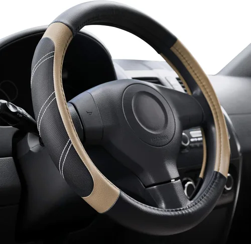 Miniatura 10 de Elantrip Funda de volante de cuero deportivo 14 1/2 pulgadas a 15 pulgadas universal, acolchada, de agarre suave y transpirable para coche, camión
