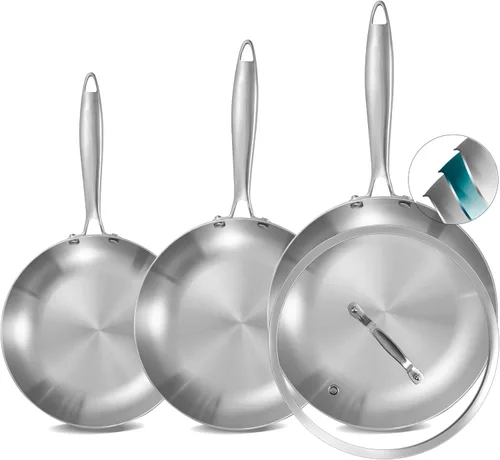 Juego de sartenes de acero inoxidable tricapa Inqibee de 3 piezas con tapa, sartenes, juego de sartenes para cocinar por inducción, mango remachado,
