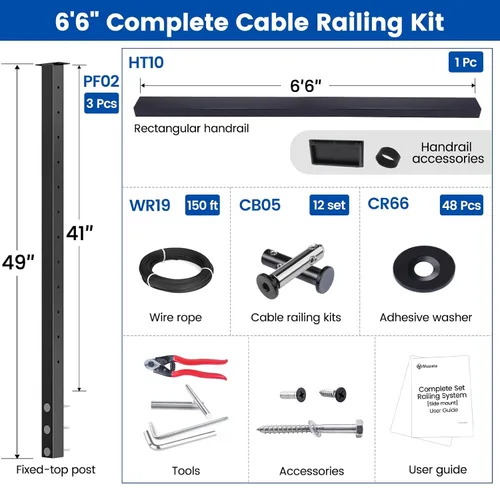 Miniatura 2 de Muzata Kit completo de barandilla de cable de montaje lateral negro de 3 pies a 6 pies 6 pies 6 pulgadas, sistema de barandilla de cable de 42