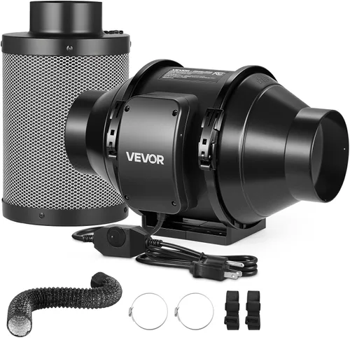 VEVOR Kit de filtración de aire de 4 pulgadas, ventilador de conducto en línea de 180 CFM con controlador de velocidad, filtro de carbono y sistema