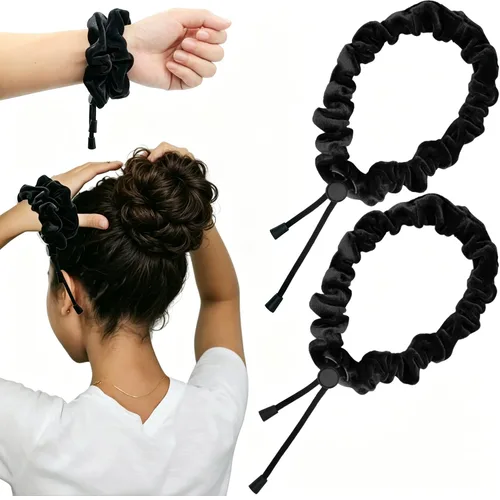 2 Pcs Adjustable Velvet Scrunchies,Large Brown Scrunchie Satin Hair Tie for Women Girls,Thick Hair Ties for Curly Thin Hair (Black)