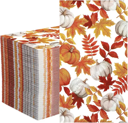 120 servilletas de papel de otoño con hojas de arce y calabaza, servilletas decorativas de otoño, toallas de mano desechables para Acción de