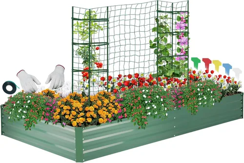 Miniatura 7 de ONCEMORE Cama de jardín elevada galvanizada para verduras, flores, hierbas, kit de cama de jardín elevada de metal con 2 jaulas de tomate, guantes