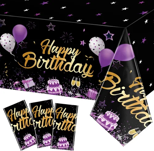 Miniatura 10 de Breling - Paquete de 3 manteles de plástico con diseño de feliz cumpleaños, decoración de feliz cumpleaños, manteles rectangulares de confeti