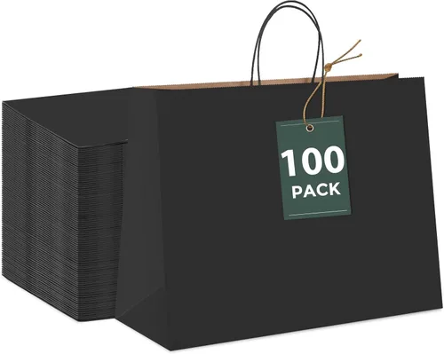 Miniatura 15 de GSSUSA Bolsas de regalo negras de 5.25 x 3.75 x 8 pulgadas, 100 unidades, bolsa para el día de San Valentín, bolsas de papel negro con asas a