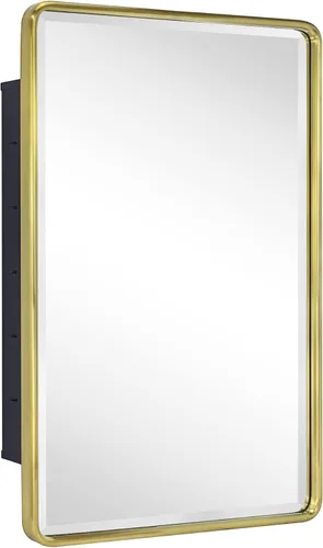 Miniatura 4 de TEHOME Botiquín de baño empotrado con marco de metal dorado cepillado con espejo rectangular redondeado con espejo biselado de 16 x 24 pulgadas