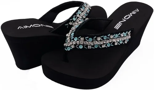 Miniatura 6 de AIMONE -Appoline Sandalias de cuña para mujer, sandalias de plataforma negra con brillantes, zapatos elegantes para mujer