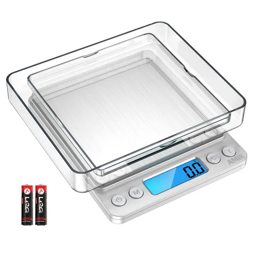 Amir balanza digital de cocina de acero inoxidable con pantalla LCD, pesa hasta 3000 g, 0.1 g resolución, ideal para regalos de Navidad., Plateado