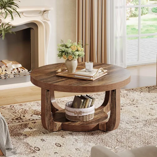 Miniatura 9 de Tribesigns - Mesa de café redonda, mesa de café circular de 2 niveles con almacenamiento, mesa auxiliar moderna de acento de madera para sala