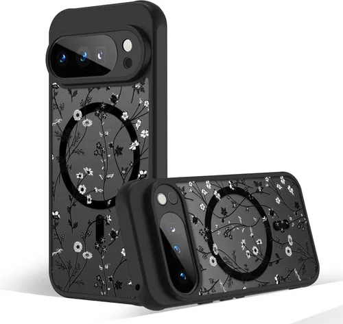 Miniatura 72 de Funda magnética para Google Pixel 10A [Compatible con MagSafe] Funda con patrón floral de flores negras para mujeres y niñas, con borde de TPU Rama