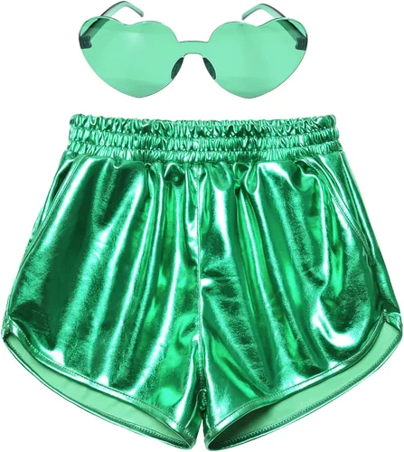 Perfashion Pantalones cortos metálicos para niñas, pantalones y gafas de sol brillantes para fiestas