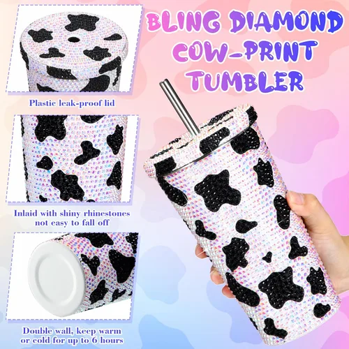 Miniatura 3 de Yaomiao Botella de agua con estampado de vaca, vaso de diamantes de imitación para mujer, botella de agua de vaca con purpurina de 17 onzas