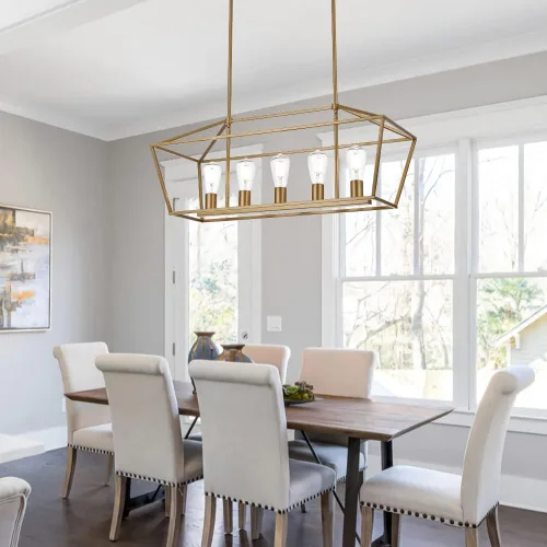 Miniatura 7 de Lámpara moderna de 5 luces para isla de cocina en acabado dorado, lámpara colgante industrial con marco de metal para comedor, vestíbulo, cafetería