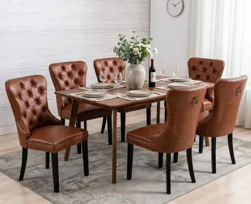 Miniatura 8 de Shunzhi Juego de 2 sillas de comedor de cuero beige, modernas de mediados de siglo, sillas de cocina tapizadas con capitoné, sillas auxiliares