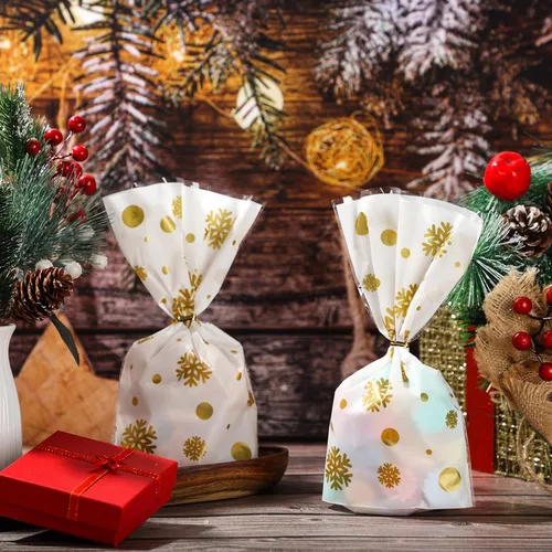 Miniatura 5 de Outus 100 piezas de bolsas de regalo de Navidad con copos de nieve y Santa Claus, bolsas planas de celofán de plástico para pastelería, galletas