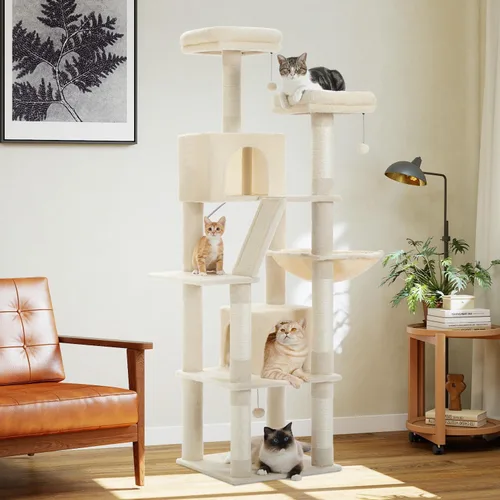 Miniatura 2 de PEQULTI Árbol para gatos de interior de 71 pulgadas con hamaca grande, torre alta para gatos grandes con condominio para 2 gatos, 2 perchas