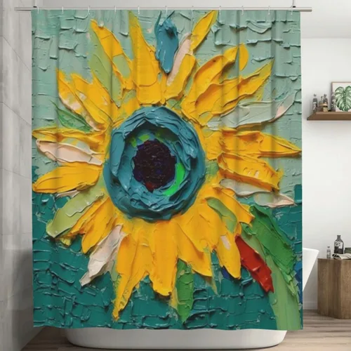 YLATY2405 - Cortina de ducha de girasol para baño, pintura al óleo, hojas verdes, flores, bohemio, tela amarilla abstracta, moderna, impermeable,
