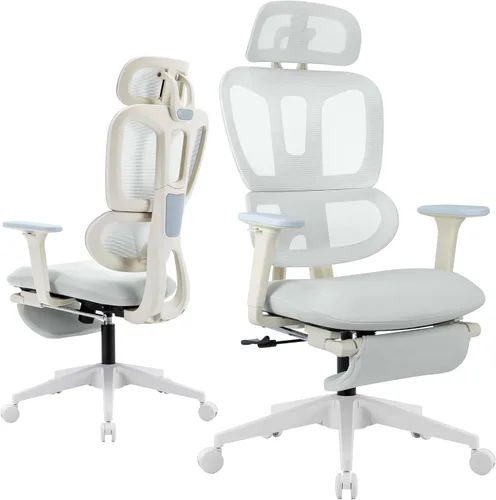 Miniatura 11 de Silla de oficina ergonómica de malla con reposapiés retráctil, silla de computadora con respaldo alto, soporte lumbar, reposabrazos y reposacabezas